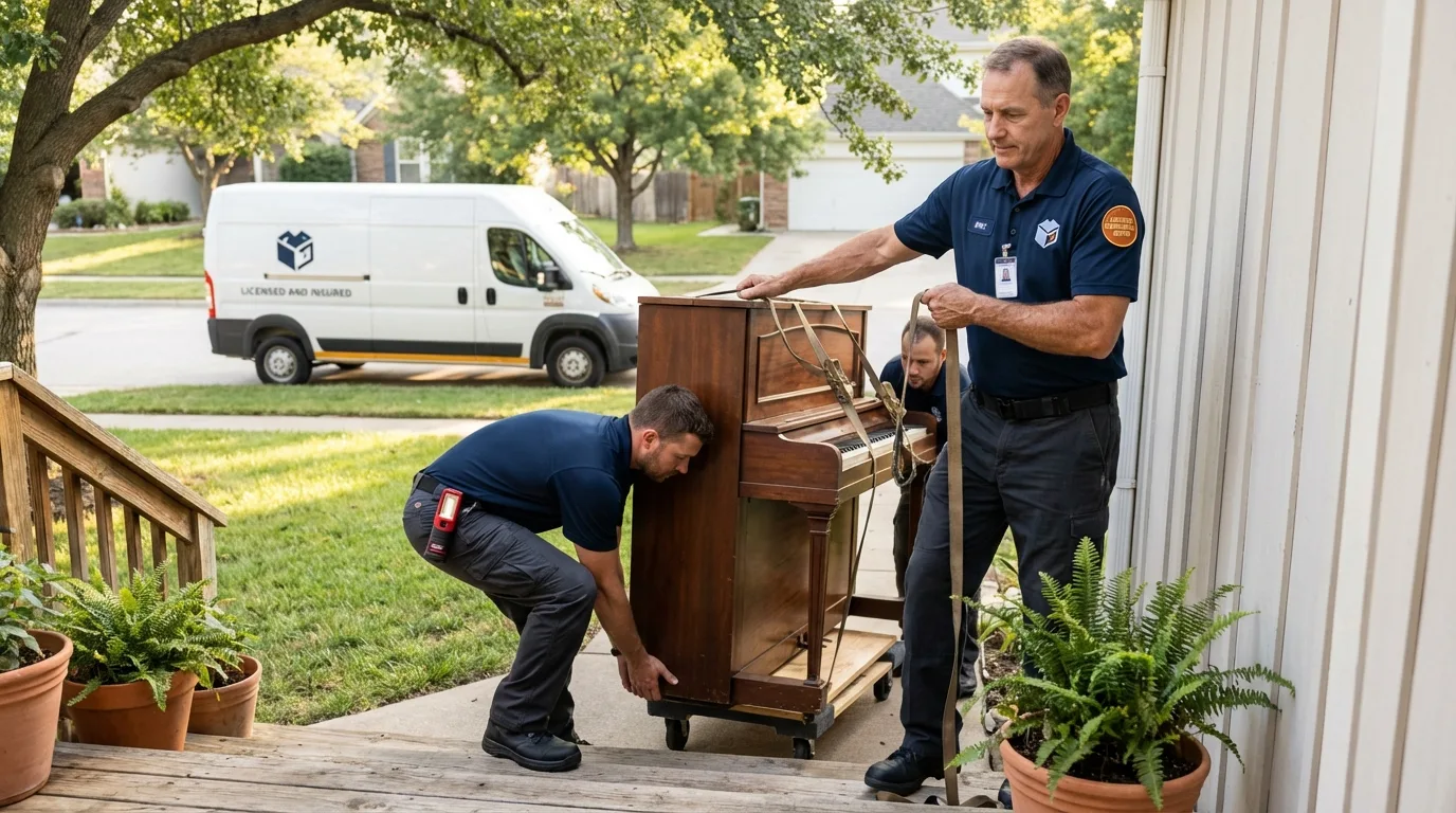 Licensed piano movers securing grand piano in Staten Island, NY