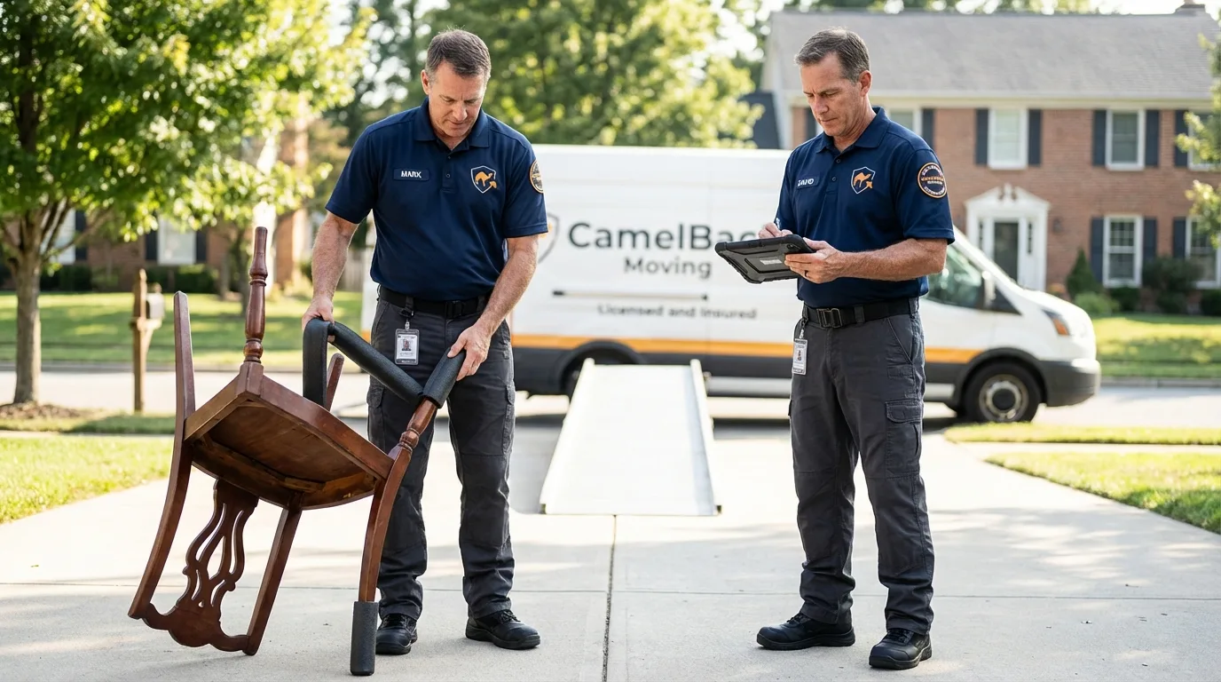 Movers inspecting furniture for damage prevention before loading in Staten Island, NY